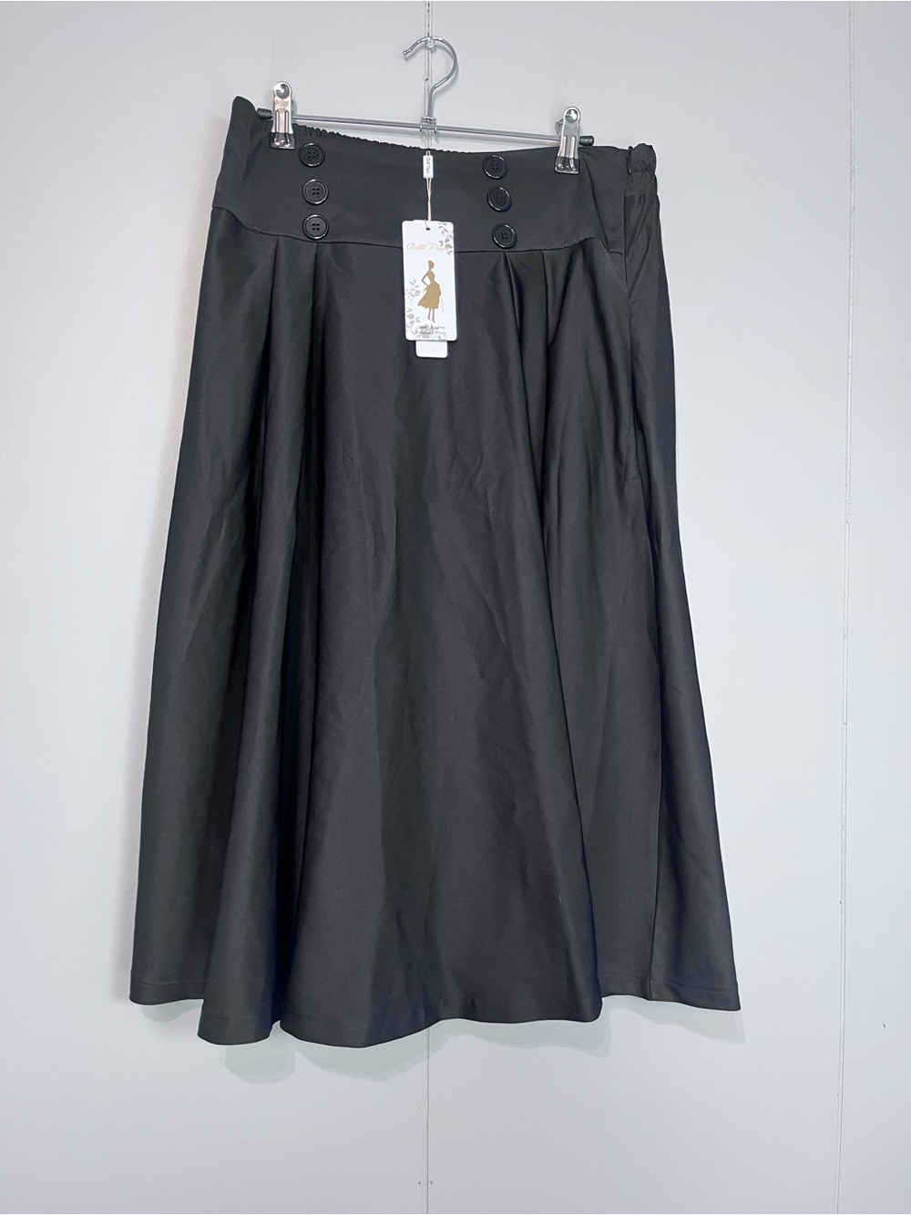 NWT Belle Paque Black A-Line Midi Skirt Pockets Elastic Back Waist Large